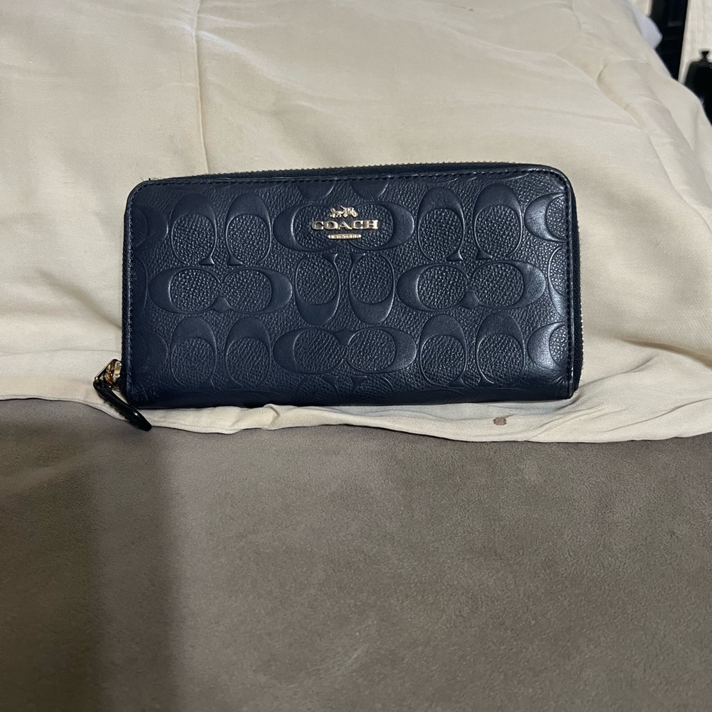 Coach Navy Embossed Zip Wallet